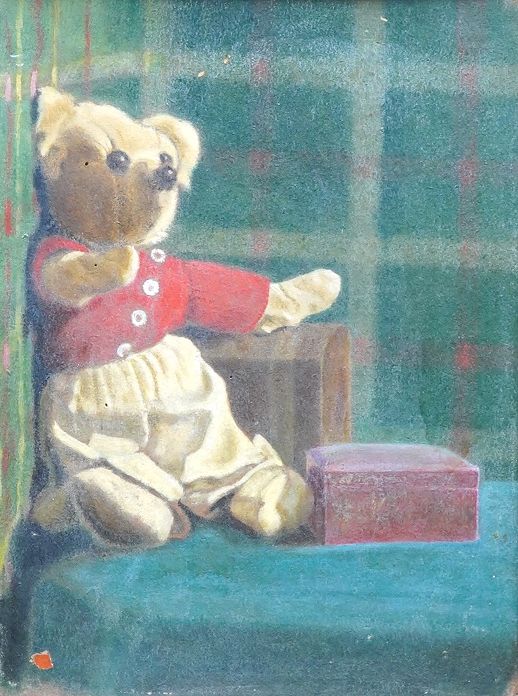 Maitland Dougall, Still life of a Teddy bear beside boxes, unsigned, inscribed in pencil verso, oil on board, 38 x 28cm
